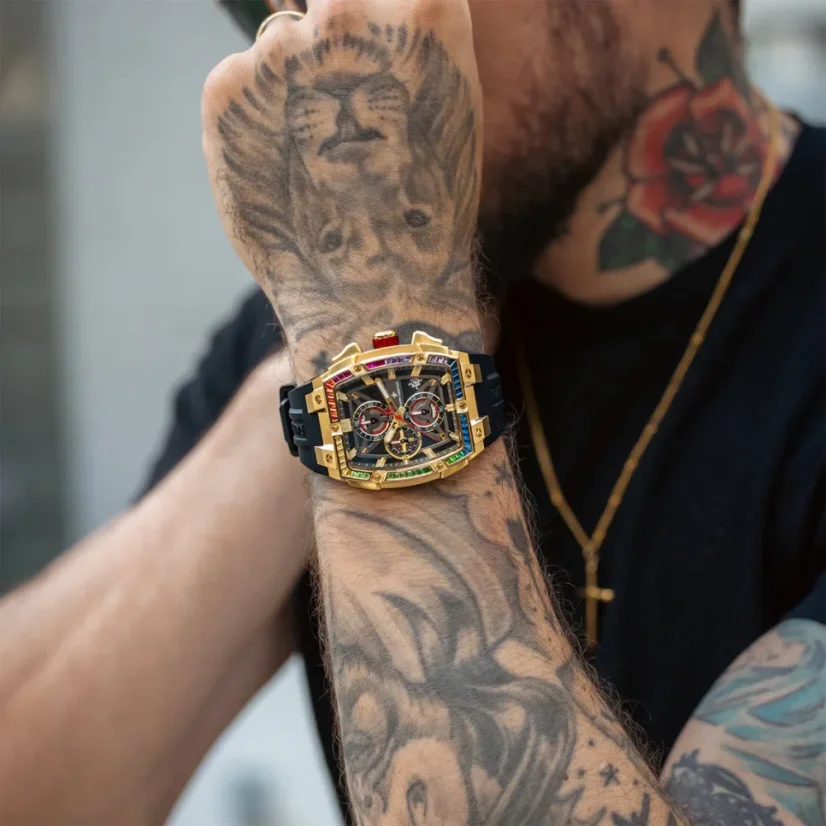 Zlaté pánské hodinky Ralph Christian s gumovým páskem The Polaris Chrono Ice - Midnight Radiance 42,5MM