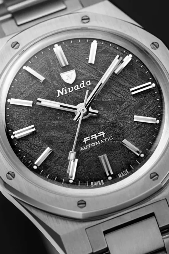 Men's silver Nivada Grenchen watch with steel strap F77 STAINLESS STEEL METEORITE 69041A77C With Date 41MM Automatic