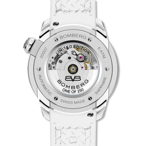 Stříbrné pánské hodinky Bomberg s koženým páskem CBD WHITE 43MM Automatic