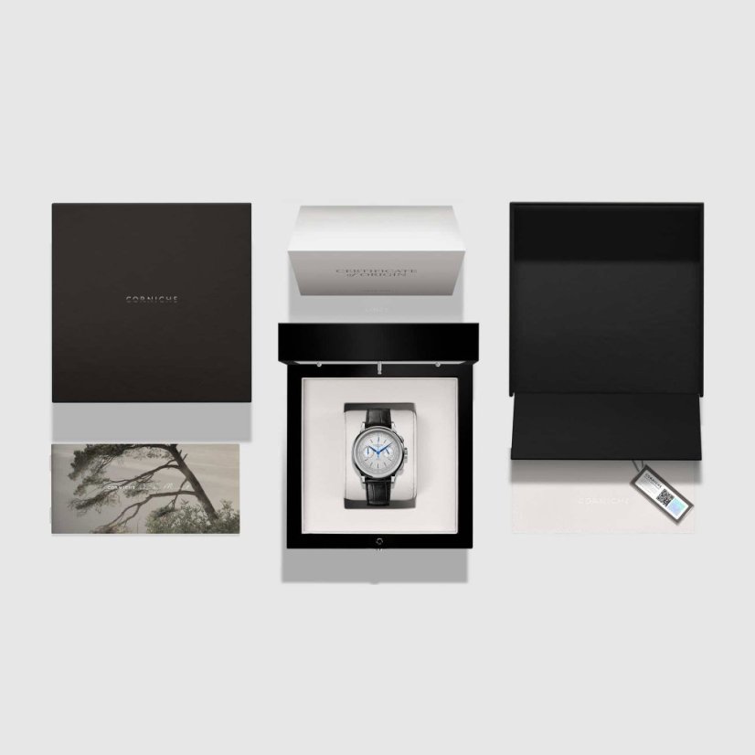 Men's silver Corniche watch with leather strap Chronograph Steel with White dial 39MM