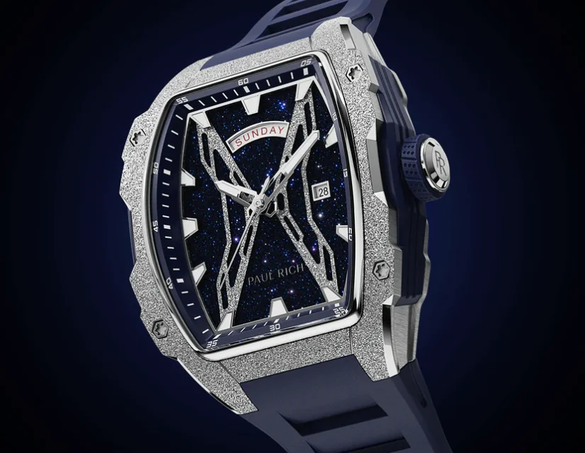 Men's silver Paul Rich Watch with a rubber band Frosted Astro Day & Date Lunar - Silver / Blue 42,5MM
