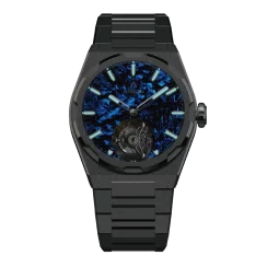 Czarny męski zegarek Aisiondesign Watches z pasem stalowym Tourbillon - Lumed Forged Carbon Fiber Dial - Blue 41MM