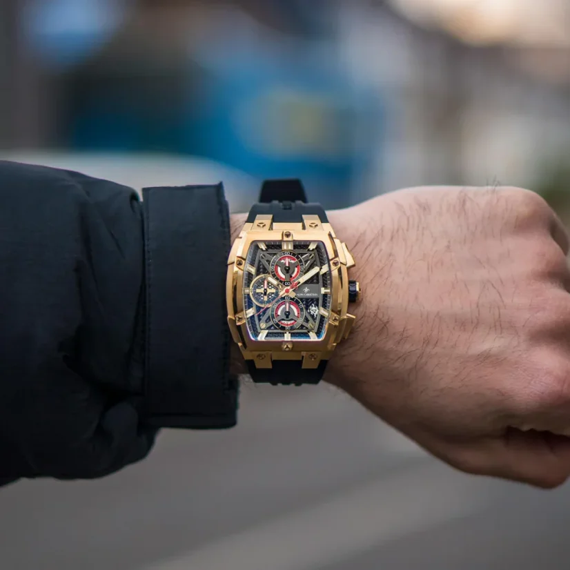 Goldene Herrenuhr Ralph Christian mit Gummiband The Polaris Chrono - Gold / Obsidian Black 42,5MM