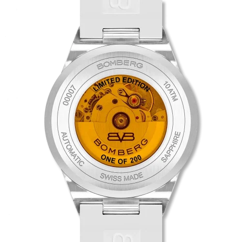 Srebrny zegarek męski Bomberg Watches z gumowym paskiem CHROMA BLANCHE 43MM Automatic