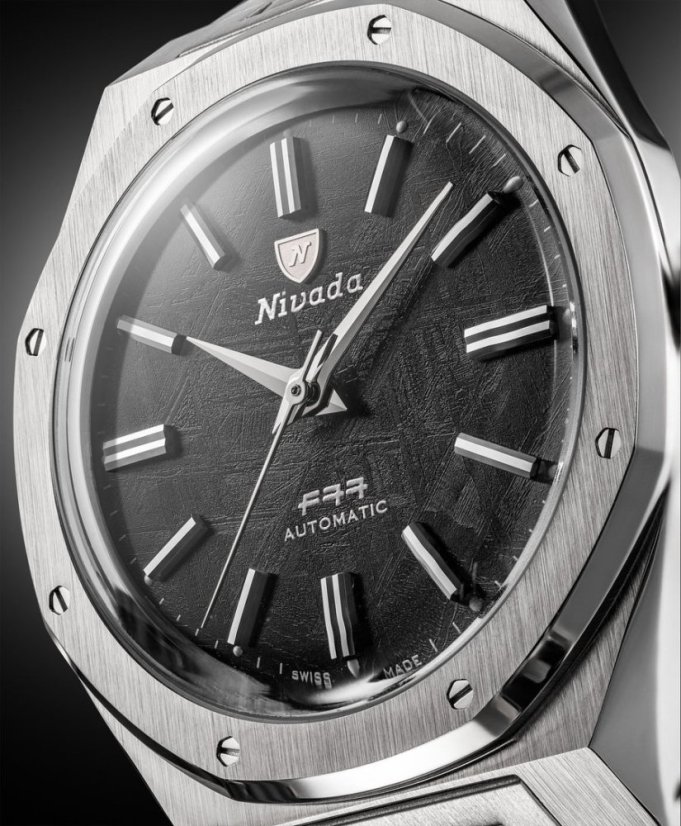Men's silver Nivada Grenchen watch with steel strap F77 SST METEORITE MK2 68049A77 No Date 38MM Automatic