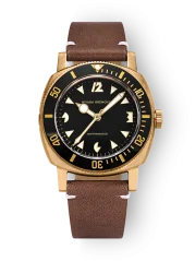 Zlaté pánské hodinky Nivada Grenchen s koženým páskem Pacman Depthmaster Bronze 14123A14 Brown Leather White 39MM Automatic
