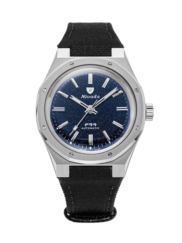 Strieborné pánske hodinky Nivada Grenchen s textilným opaskom F77 STAINLESS STEEL DARK BLUE 68010A77-BC 37MM Automatic
