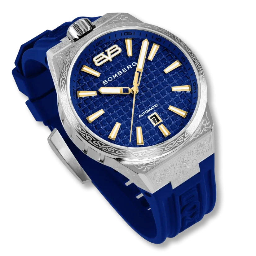 Silberne Herrenuhr Bomberg Watches mit Gummiband MAJESTIC BLUE 43MM Automatic