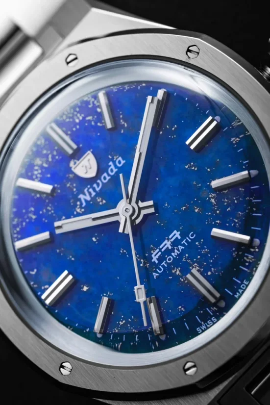 Strieborné pánske hodinky Nivada Grenchen s textilným opaskom F77 STAINLESS STEEL LAPIS LAZULI 68009A77-BC 37MM Automatic