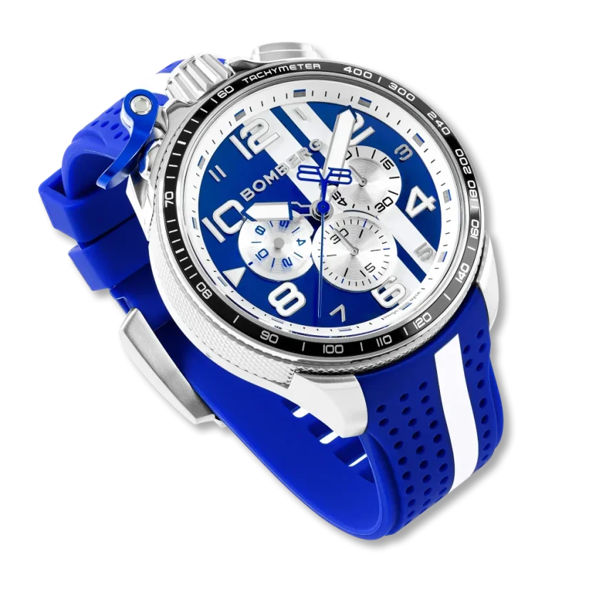 Silberne Herrenuhr Bomberg Watches mit Gummiband RACING 4.1 Blue 45MM