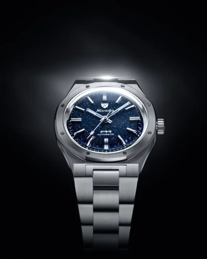 Men's silver Nivada Grenchen watch with steel strap F77 DARK BLUE 68010A77 37MM Automatic