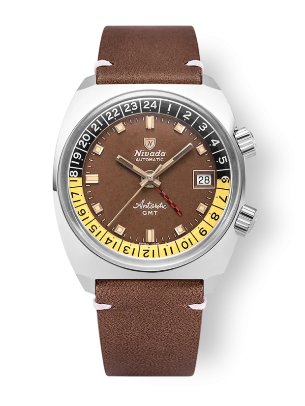 Men's silver Nivada Grenchen watch with leather strap Antarctic GMT - Tropical 32061A14 36MM Automatic