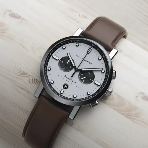 Relógio Henryarcher Watches prata para homens com pulseira de couro Kvantum - Vektor Windsor Tan 41MM