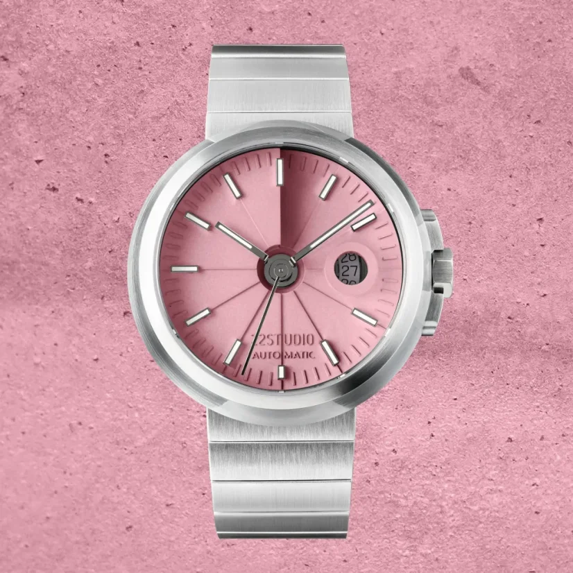 Strieborné pánske hodinky 22Designstudio Watches s ocelovým opaskom Concrete Sport Pink 45MM Automati