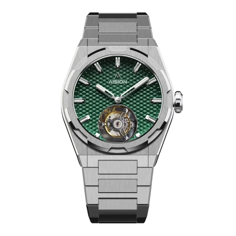 Men's silver Aisiondesign Watches with steel Tourbillon Hexagonal Pyramid Seamless Dial - Green 41MM