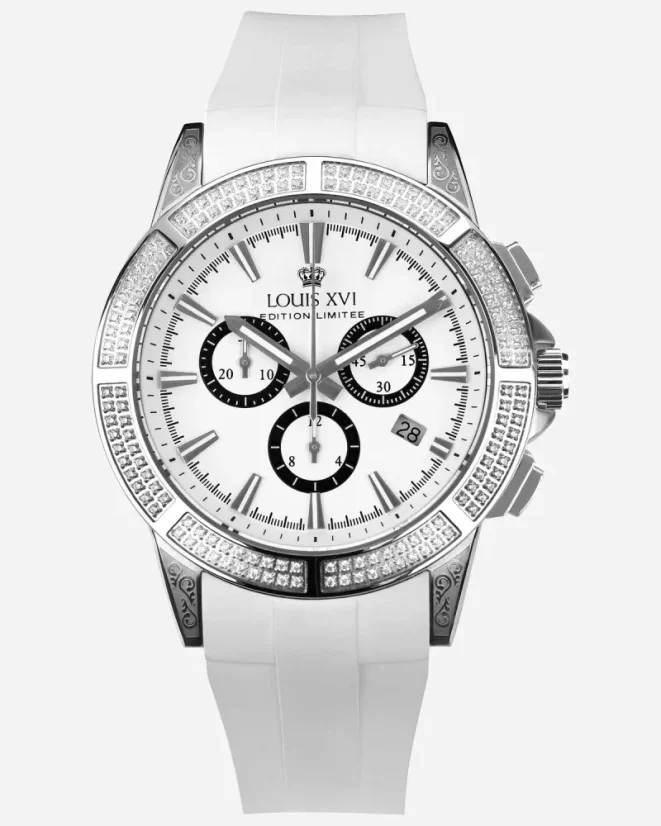 Stříbrné pánské hodinky Louis XVI s gumovým páskem Majesté Iced Out Royale - 1137 Silver 43MM