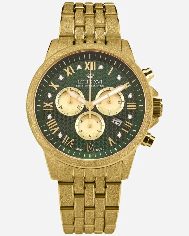 Zlaté pánské hodinky Louis XVI s ocelovým páskem Frosted Aramis 2.0 With Diamonds - 3601 Gold 43MM