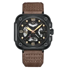 Schwarze Herrenuhr OLTO-8 mit Lederband IRON-X Square Skeleton Black / Brown 46MM Automatic