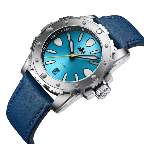 Męski srebrny zegarek Phoibos Watches ze skórzanym paskiem Great Wall 300M - Blue Automatic 42MM Limited Edition