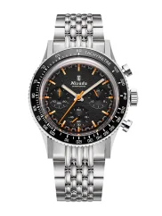 y__rk9  34mm Men's silver Nivada Grenchen watch with steel strap Tachymeter