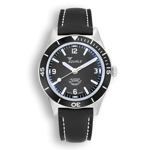 Relógio Squale pulseira masculina de couro emborrachado prata Super-Squale Arabic Numerals Black Leather - Silver 38MM Automatic