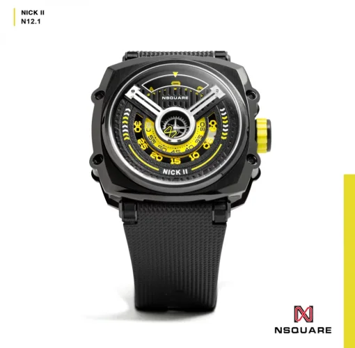 Men's black Nsquare Watch with rubber strap NSQUARE NICK II Black / Yellow 45MM Automatic