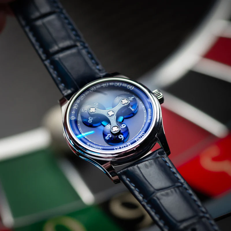 Zilveren herenhorloge van OLTO-8 met leren riem ROTO Ocean Blue Dial Upgraded 39MM Automatic