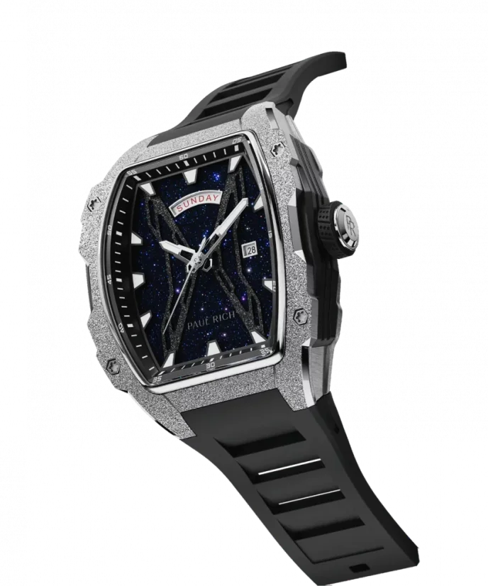 Relógio de homem Paul Rich Watch prateado com bracelete de borracha Frosted Astro Day & Date Abyss - Silver 42,5MM