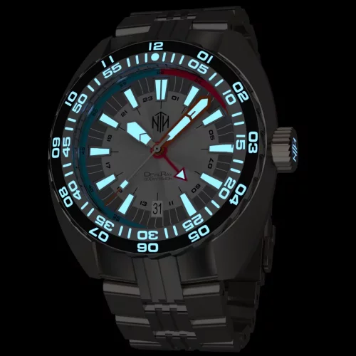 Stříbrné pánské hodinky NTH Watches s ocelovým páskem DevilRay GMT With Date - Silver / White Automatic 43MM