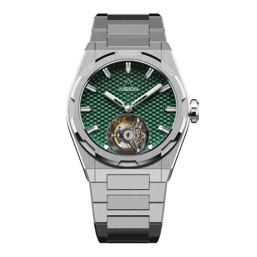 Men's silver Aisiondesign Watch with steel strap Tourbillon Hexagonal Pyramid Seamless Dial - Green 41MM