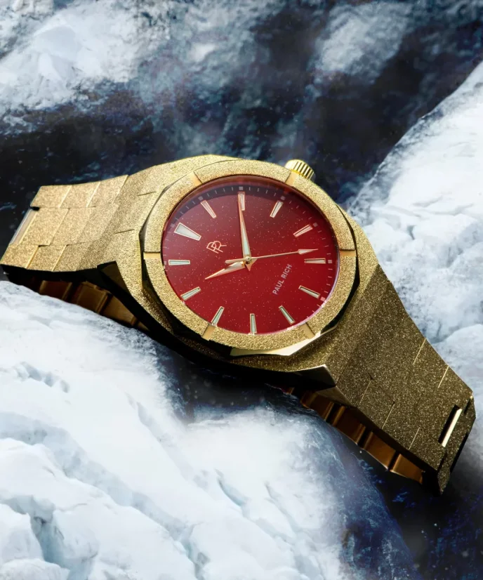 Złoty zegarek męski Paul Rich ze stalowym paskiem Frosted Star Dust - Gold Red 42MM