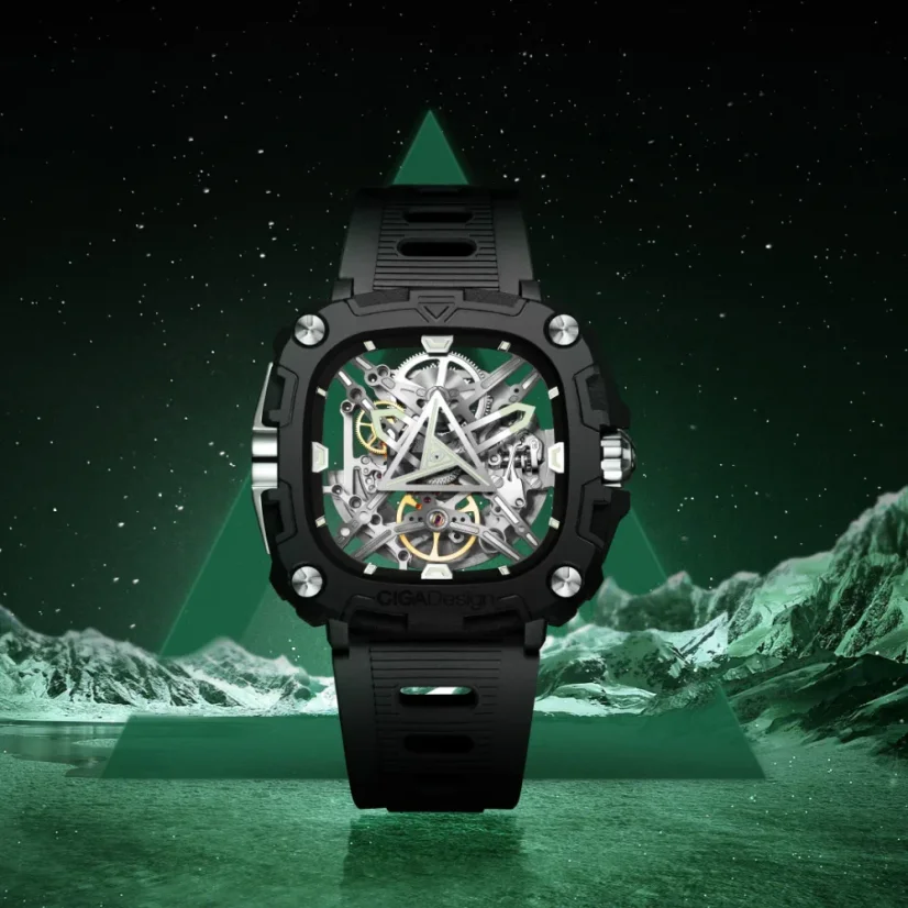 Men's black CIGA Design watch with rubber strap Mechanical Watch Eye Of Horus Silver 48MM Automatic