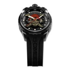 Černé pánské hodinky Bomberg s gumovým páskem PIRATE SKULL RED 45MM