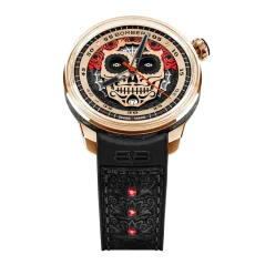 Zlaté pánské hodinky Bomberg s koženým páskem DÍA DE LOS MUERTOS GOLDEN 43MM Automatic