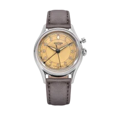 Men's silver Vulcain watch with leather strap Cricket Classique Grey Steel Case Back - Khaki Brown 39MM Automatic