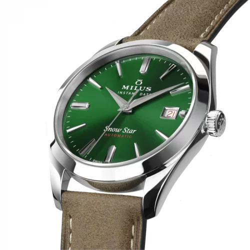Srebrny zegarek męski Milus Watches ze skórzanym paskiem Snow Star Boreal Green 39MM Automatic