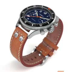 Stříbrné pánské hodinky Hemel s páskem z pravé kůže The Hemel HFT20 / VK64 configuration / Navy Dial GMT 42 MM