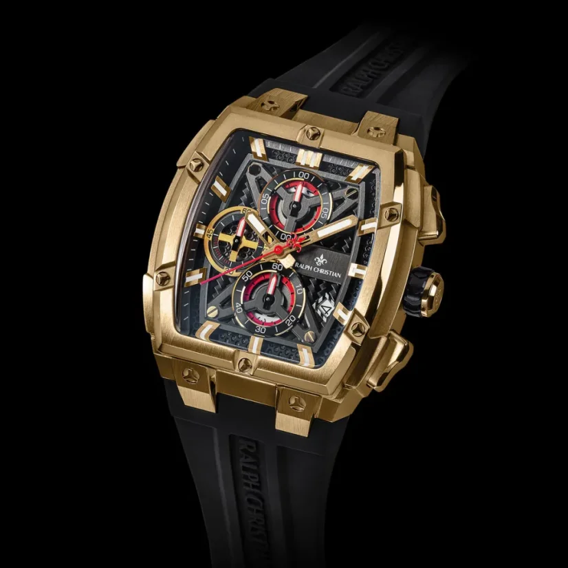 Goldene Herrenuhr Ralph Christian mit Gummiband The Polaris Chrono - Gold / Obsidian Black 42,5MM