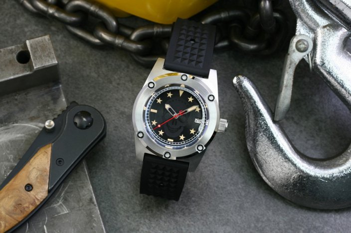 Stříbrné pánské hodinky Nethuns s gumovým páskem SCUBA 500 SKULL SS541 - Silver Automatic 41MM