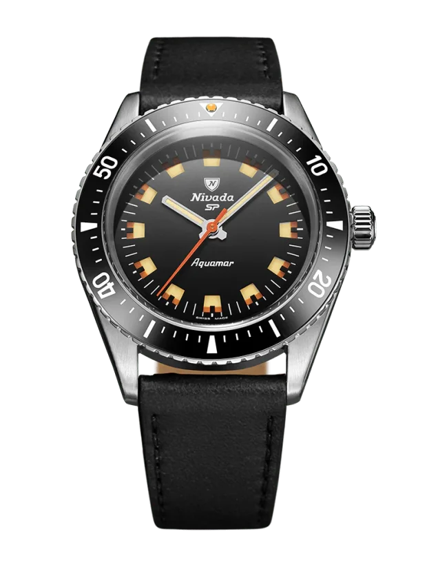 Stříbrné pánské hodinky Nivada Grenchen s koženým páskem Aquamar Black 32068A17 38MM Automatic