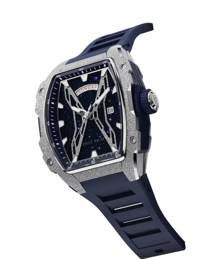 Men's silver Paul Rich Watch with a rubber band Frosted Astro Day & Date Lunar - Silver / Blue 42,5MM