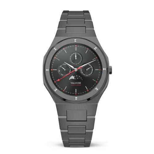 Reloj Valuchi Watches negro para hombre con correa de acero Lunar Calendar - Gunmetal Black 40MM