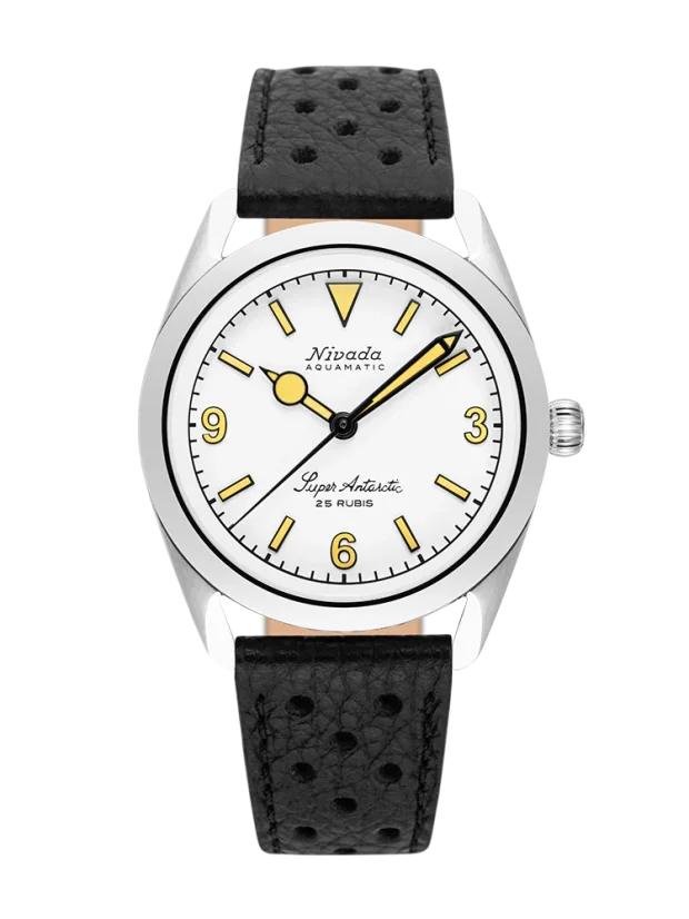 Stříbrné pánské hodinky Nivada Grenchen s koženým páskem Super Antarctic White 3.6.9 Cream 32066A10 38MM