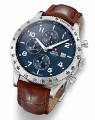 Men's silver Swiss Military Hanowa watch with leather strap Sports Chronograph SM34084.06 42mm