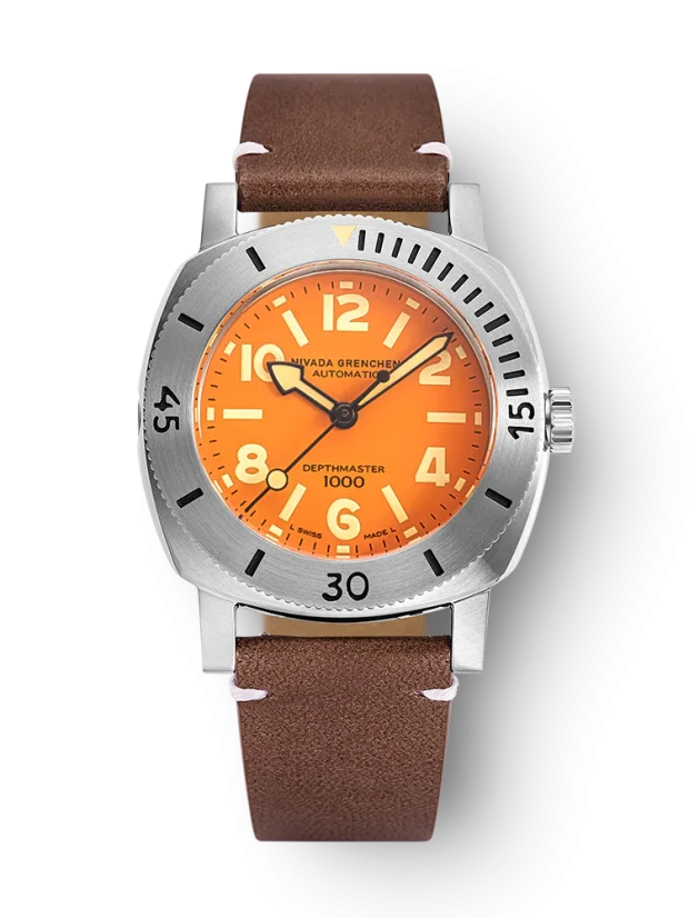 Men's silver Nivada Grenchen watch with leather strap Orange Depthmaster 14127A14 39MM Automatic