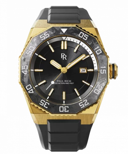 Zlaté pánske hodinky Paul Rich s gumovým pásikom Aquacarbon Pro Imperial Gold - Sunray 43MM Automatic