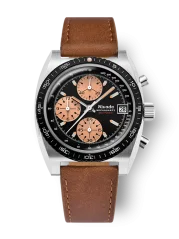 Men's silver Nivada Grenchen watch with leather strap Chronosport Mecaquartz Salmon 77002Q16 38MM