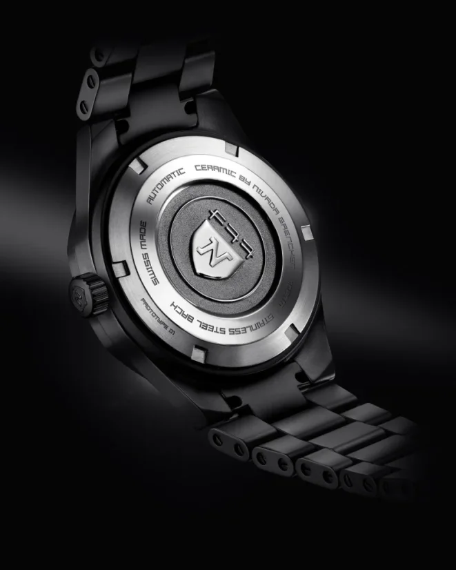 Černé pánské hodinky Nivada Grenchen s ocelový páskem F77 BLACK CERAMIC BRAIDED DIAL 68004A77 37MM Automatic