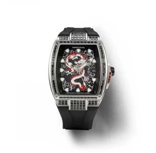 Reloj Nsquare plata de hombre con correa de caucho Dragon Overloed Silver / Black 44MM Automatic