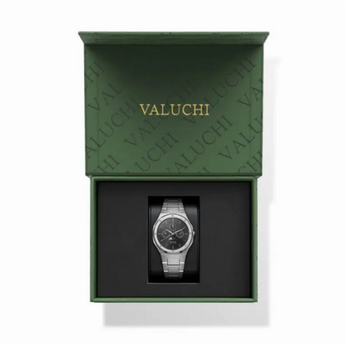 Montre Valuchi Watches pour homme en argent avec bracelet en acier Lunar Calendar - Silver Black 40MM
